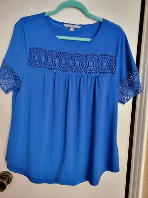  VALERIE STEVENS Sz.Large Royal Blue Crochet Lace Womens Top Blouse Career Cute - Image 1 of 4
