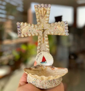 Vintage French Seashell Holy Water Font Benitier Jesus Cross religious 20th⭐ - Picture 1 of 19
