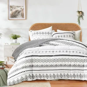 FlySheep 3 Pcs Comforter Set King Modern Boho White, Bohemian Aztec Geometric - Picture 1 of 7