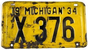 Vintage Michigan 1934 Shorty License Plate X 376 Garage Man Cave Pub Wall Decor - Picture 1 of 2