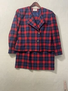 Pendleton Wool Skirt Suit 2 Pc Jacket 12Skirt 14 Red Blue Plaid Lined Career - Picture 1 of 16