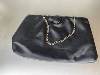 Vintage Purse Black FAUX LEATHER EVENING BAG HANDBAG CLUTCH CHAIN STRAP Clasp - Image 1 of 4