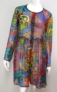 VTG 1980s Betsey Johnson Sheer Multicolor Dress MEDIUM Gold Buttons Punk Label - Picture 1 of 24
