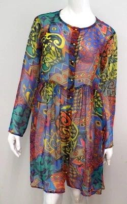 Antigo Vestido Multicolorido Betsey Johnson Anos 1980 MÉDIO Botões Dourados Etiqueta Punk - Imagem 1 de 4