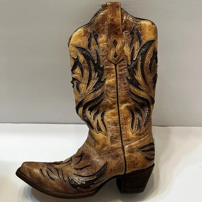 Botas de Vaquero Corral para Mujer 8.5 Cuero Tostado Negro Brillo Recortes Punta Foto 1 de 4