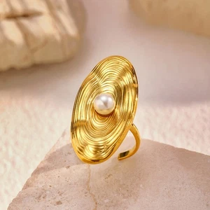 Anillo abierto de perlas ovaladas enchapado en acero inoxidable de oro de 18 quilates para mujer - Imagen 1 de 6