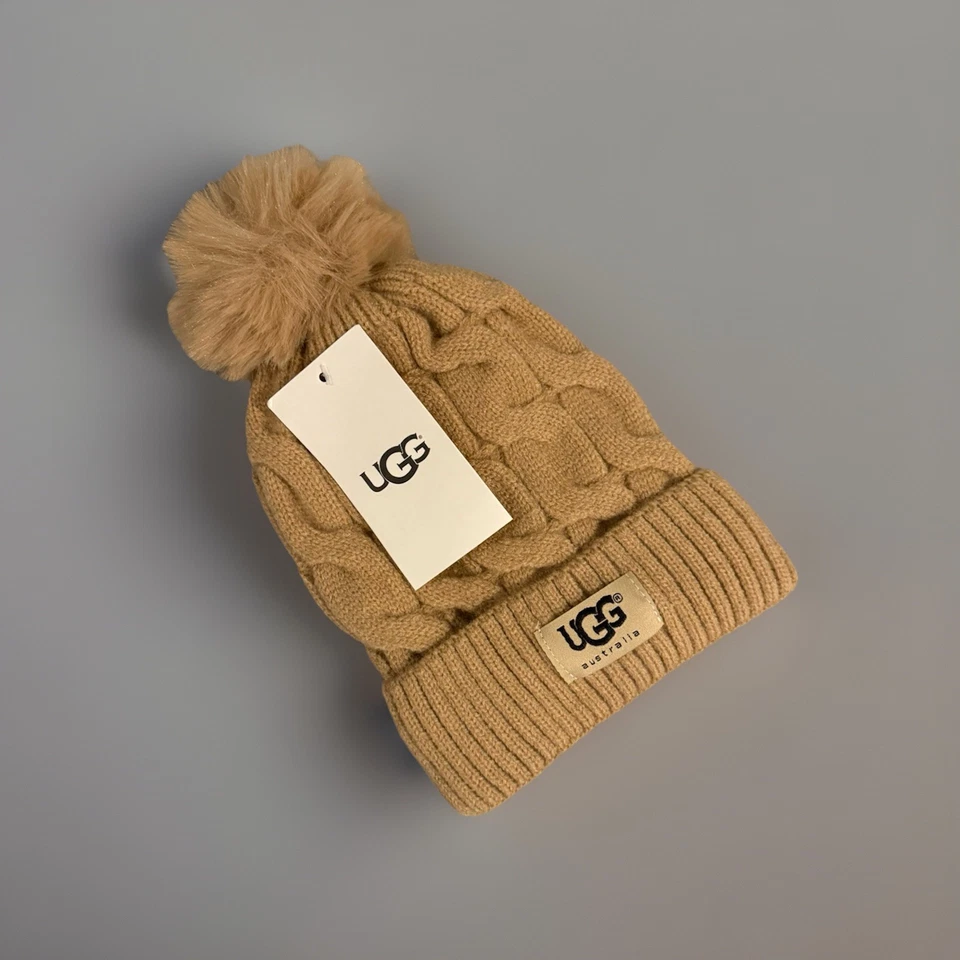 UGG AUSTRALIA UGG Fur Lined Beanie Hat Cable Knit One Size Pom Pom Bobble Beige Brown New