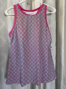 Lands End Swim Top Women Sz M 10-12 Geometric Pattern Pink/Navy Long Length - Picture 1 of 8