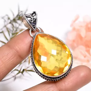 Citrine Gemstone Vintage Handmade Jewelry.925 Silver Plated Pendant 1.9" GSR6424 - Picture 1 of 2