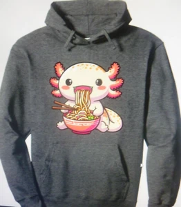 Felpa con cappuccio unisex anime Kawaii Axoloti Eating Ramen Noodles grigio misto cotone, grande - Foto 1 di 6