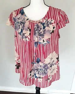 AUW Womens L Sheer Lined Scoop Neck Flutter Sleeves Cutout Back Floral Blouse - Picture 1 of 9