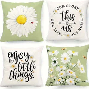 4pcs, Farmhouse Light Green Daisy Floral Pillow Covers, 18x18, Spring/Summer - Picture 1 of 4