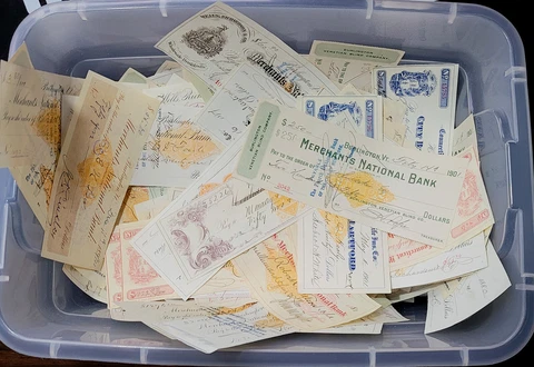 One (1) U.S. revenue-imprint bank check (RN) from hoard; many available Cover