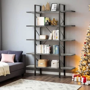 5 Shelf Bookcase Industrial Rustic Vintage Open Storage Metal & Wood Bookshelf - Picture 1 of 30
