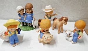 6 Vintage Lot figurines Enesco 1980's Farm Animals and Kids Pig Sheep Pony Dog - Picture 1 of 8