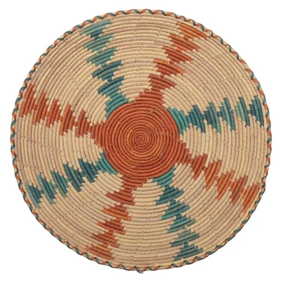 13” Handwoven Southwest Basket Hopi Apache Coiled Turquoise Rust Design - Image 1 of 2