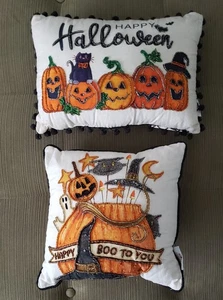 Par de Dulces Almohadas Decorativas Calle Halloween Jack-O-Lantern Gato Brujas Sombrero - Imagen 1 de 11