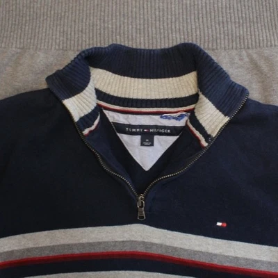 Tommy Hilfiger $90 Medium Navy Red Gray Striped Quarter Zip Mock Neck Sweater - image 1 of 4