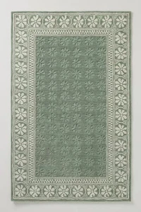 Green Floral Area Rug 5x8 ft Hand-Tufted Carpet Flower Embossed Border Modern - Picture 1 of 5