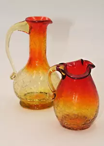 Kanawha Amberina Crackle Glass Mini Pitcher Cruet Creamer Vintage Set of Two - Picture 1 of 10