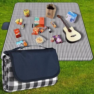 Waterproof Navy Blue Checkered Picnic Blanket 80"x80" for Outdoor Camping - Picture 1 of 7