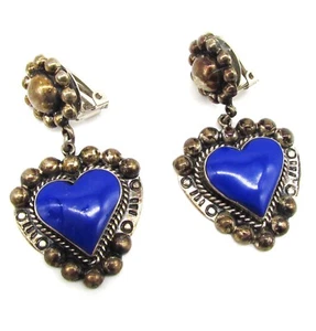 Vtg Taxco Mexico 925 Sterling Silver Lapis Lazuli Gemstone Heart Dangle Earrings - Picture 1 of 7