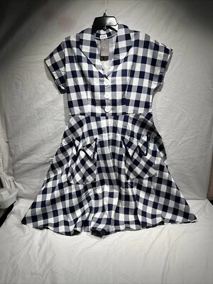NWT AYLI Blue Checker  Fit And Flare Dress 1950 RETRO 18 Glamorous V Neck Button - Image 1 of 4