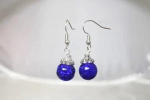 NEU Blau Crackle Glas Kugel Perlen Ohrringe Damen Schmuck Geschenke - Bild 1 von 2