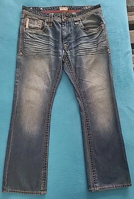 Jeans antiguos remachados para hombre 38x32 azul solapa bolsillos traseros bordados y cuero  Foto 1 de 4
