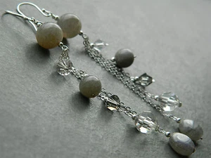 Grey Labradorite, Vintage & Swarovski Crystal ~ Alex Polizzi Style Long Earrings - Picture 1 of 12