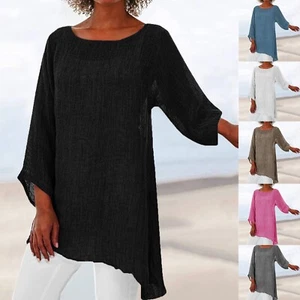 Irregular Hem Linen Baggy Blouse Shirt Ladies Summer Tunic Tops,Plus Size Blouse - Picture 1 of 34