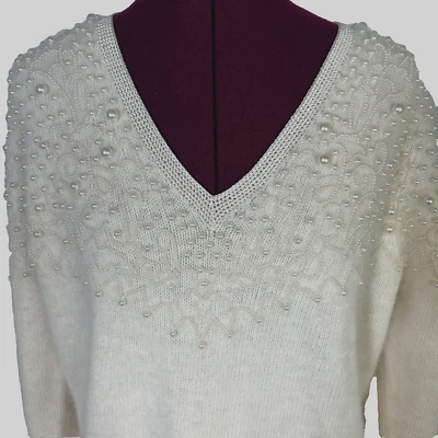 Vintage 80s Side Effects Beaded Ivory Wool Angora Rabbit Hair Sweater Sz M - Image 1 of 4