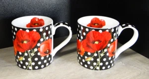 Konitz Mugs For You 2 PC Polka Dot Balck White Red Poppy Flowers Germany - Picture 1 of 5