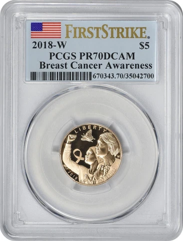 2018-W Breast Cancer Awareness $5 Gold Commem First Strike PR70DCAM PCGS Flag Cover