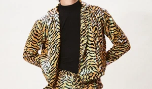 Gold/Black Tiger Print Sequin Short Length Blazer Party Festival Rave Jacket XL - Picture 1 of 5