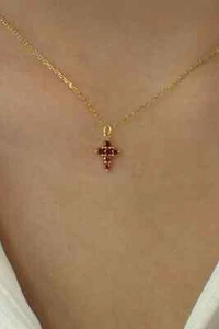 1Ct Round Cut Lab Created Red Garnet Cross Pendant Chain 14K Yellow Gold Plated - Picture 1 of 5