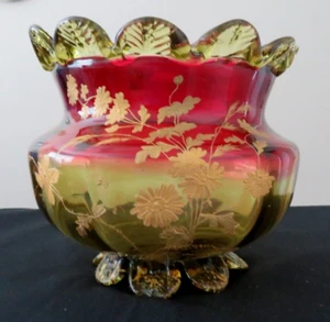 Antique Stevens & Williams Amberina Scalloped Large Footed Bowl Gilt ca 1890's - Picture 1 of 15