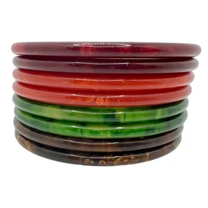 8PC Catalin Bakelite Marblette Swirl Spacer Bangles VTG Red Orange Brown Green - Picture 1 of 8