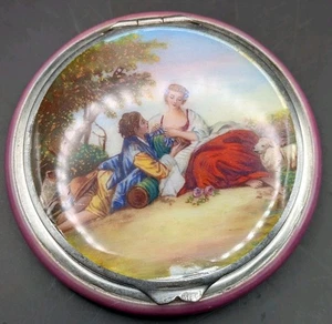 Antike österreichische bemalte Guilloche Emaille Landschaft 875 Sterling Silber kompakt - Bild 1 von 11