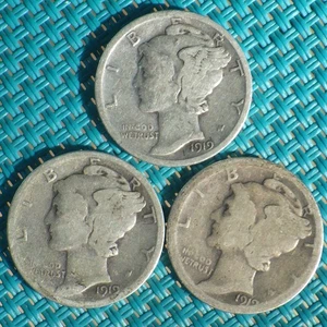 Lot of Three (3) 1919 Mercury Dimes (Plain, D, S) 90% Silver, Circulated - Picture 1 of 8