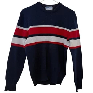 Maglione lana Meister vintage blu navy righe rosse made in Hong Kong uomo piccolo - Foto 1 di 3