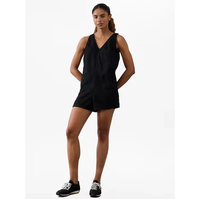 Athleta XSP XS PETITE Retreat 100% Linen Romper Black 1-Piece Summer Shorts Top - Image 1 of 2