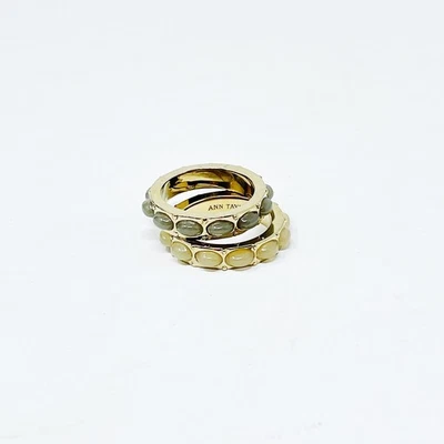 Ann Taylor Set of 2 Beaded Stackable Rings Gray Beige Gold Tone Size 6.5 -7 - Image 1 of 4