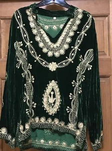 Vest 1960's Hippie Emerald Green Velvet Gold Embroidery Size Women's M Boho Orig - Picture 1 of 7