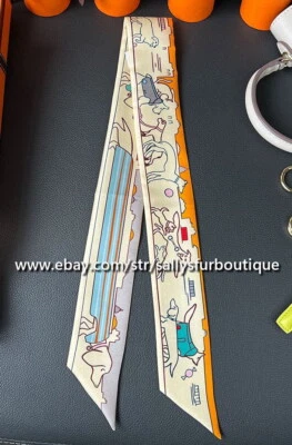 Sallys 18 Momme Twill Silk Scarf Ribbon Dogs Print Hair Bag Neck Tie 33" * 2" - Image 1 of 4
