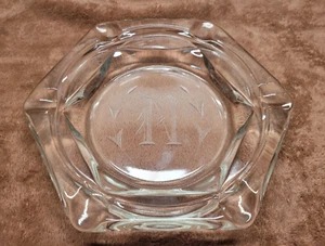 FANCY Vintage 8" Clear Glass Hexagon Ashtray with letter N monogram & 6 holders - Picture 1 of 7