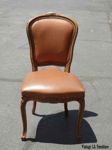 Vintage French Provincial Style Carved Wood Brown Leather Accent Chair Cover