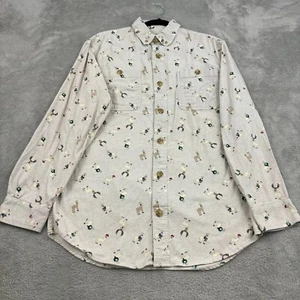 Duluth Christmas Novelty Print Button Up Shirt Mens S Beige Cotton Reindeer Xmas - Picture 1 of 19