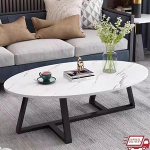 White Faux Marble Coffee Table Modern Oval Table Living Room Sturdy Metal Legs - Picture 1 of 10