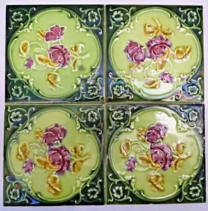 Antique Tile Majolica England Art Nouveau Porcelain Rose Purple 4 Pieces Set#13 - Picture 1 of 6